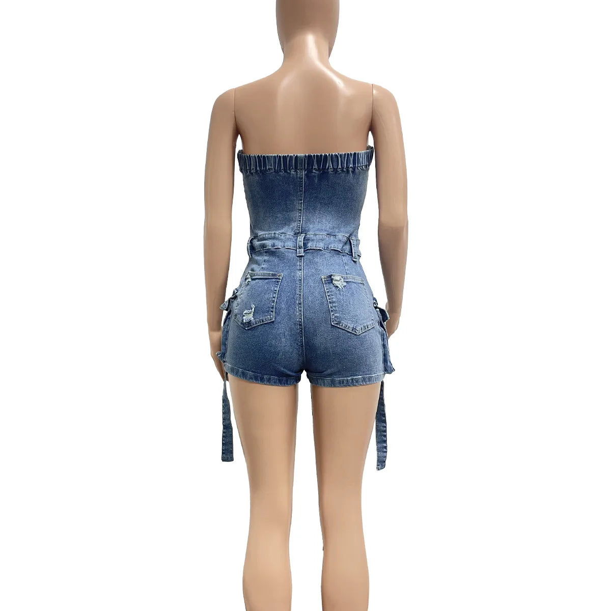 HLJ&GG Blauer sexy Denim Pocket Cargo Bodycon Romper Damen schulterfrei ärmellos rückenfrei schmaler Jumpsuit Fashion Cowboy Playsuit