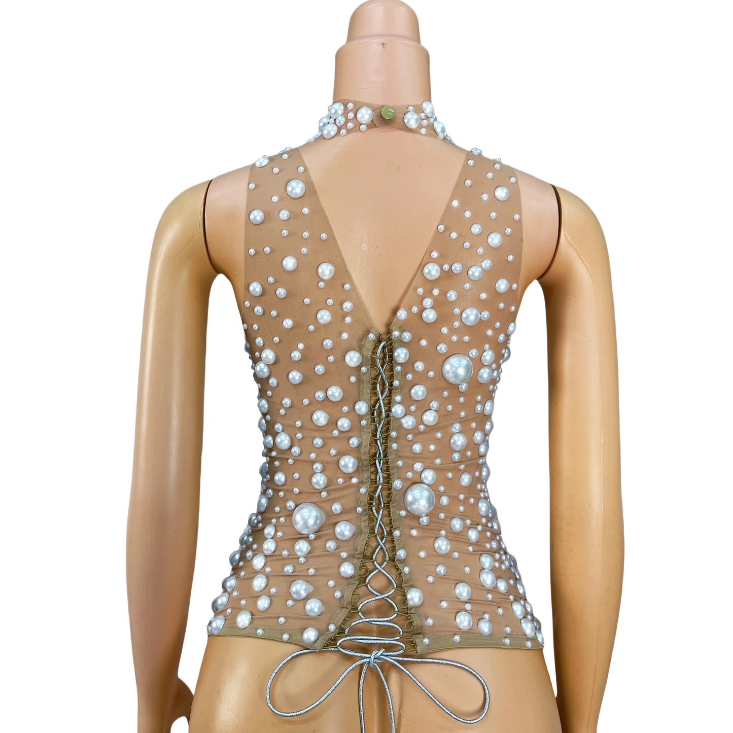 Nightclub Big Pearls Bandage Top Collection Party Shiny Rhinestones Sexy  Backless Singer Dancer Show Party Show Costume dazhu