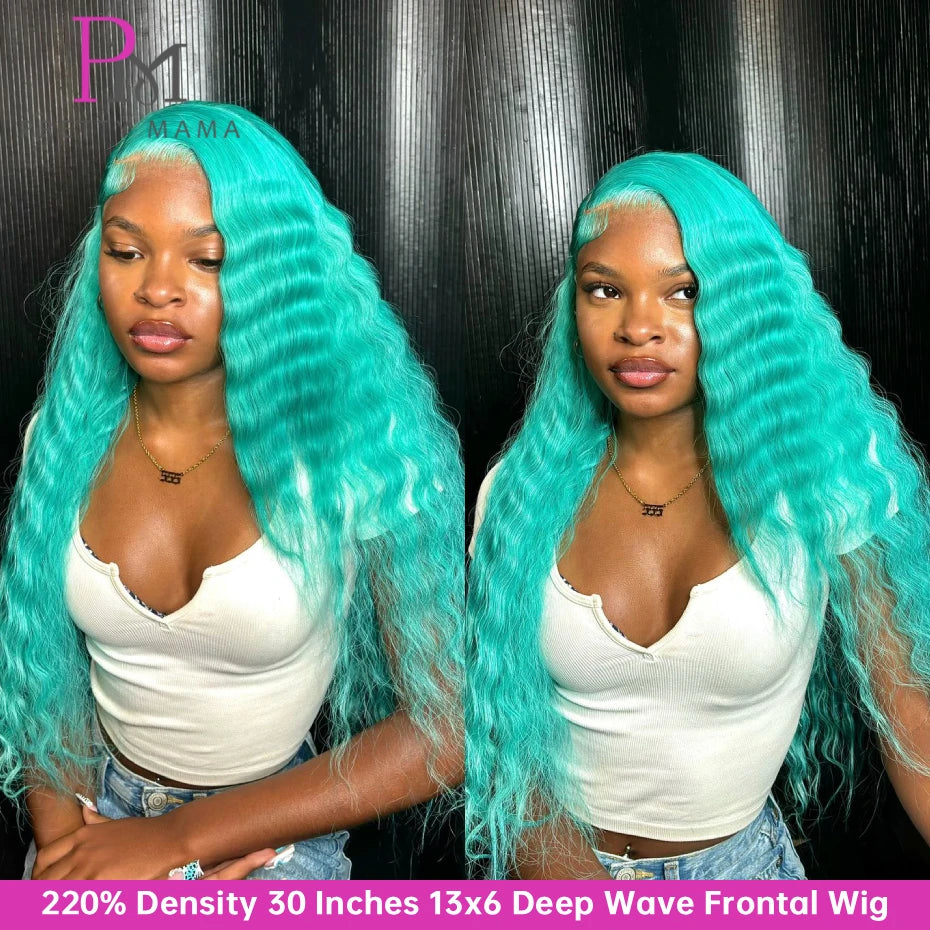 13x4 13x6 Green Blue Lace Front Wigs Human Hair Deep Wave Lace Closure Frontal Wig Deep Curly Mint Green Colored Human Hair Wigs