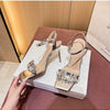 Summer One-word Rhinestone Square Head Sandals Women's Stiletto Open-toed Crystal Gemstone High Heels