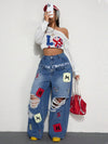 European and American High Street Ripped Jeans Women Double Waist Letter Patch Wide Leg Pants Floor Mopping Pants Loose Straight