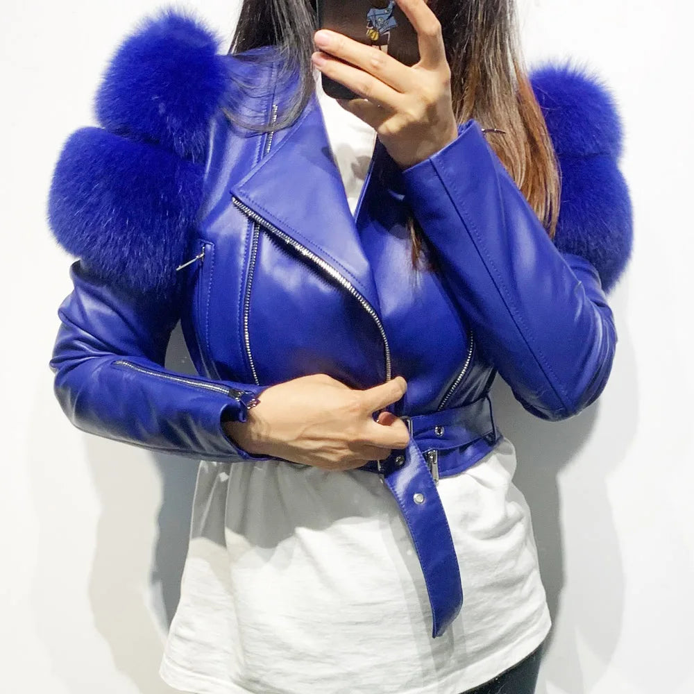 GO BALLISTIC YA Ladies' Genuine Leather Jacket with Fur Sleeve Women's Natural Lambskin Outfit