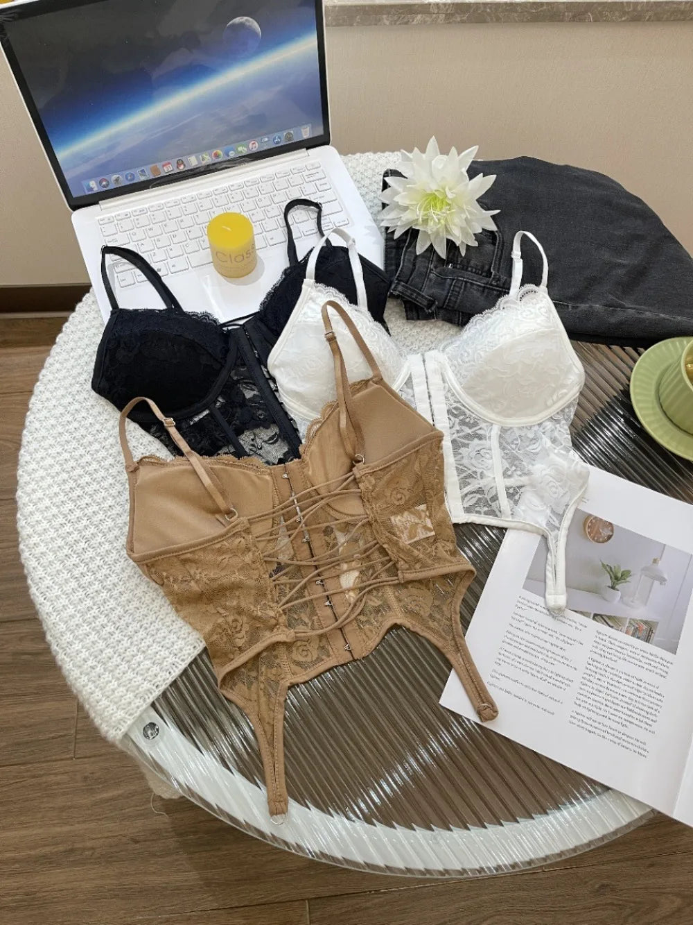 V-Neck Sexy Lace Corset Top Slim Fit Push Up Hollow Suspender Vest Adjustable Straps Off Shoulder Breathable Mesh Vest Travel