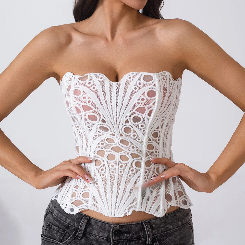Hollow Out Corset Tops Irregular Hem Fishbone Underbust Top Slim Bandage Shapewear Bustier Korset Costumes Evening Party Corset