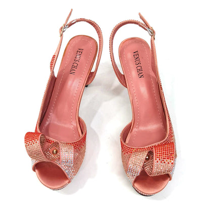 Venus Chan Neueste INS-Stil Pfirsichfarbe Strass Elegante High Heels Nigeria Beliebtes Design Afrikanische Damen Schuhe und Taschen Set