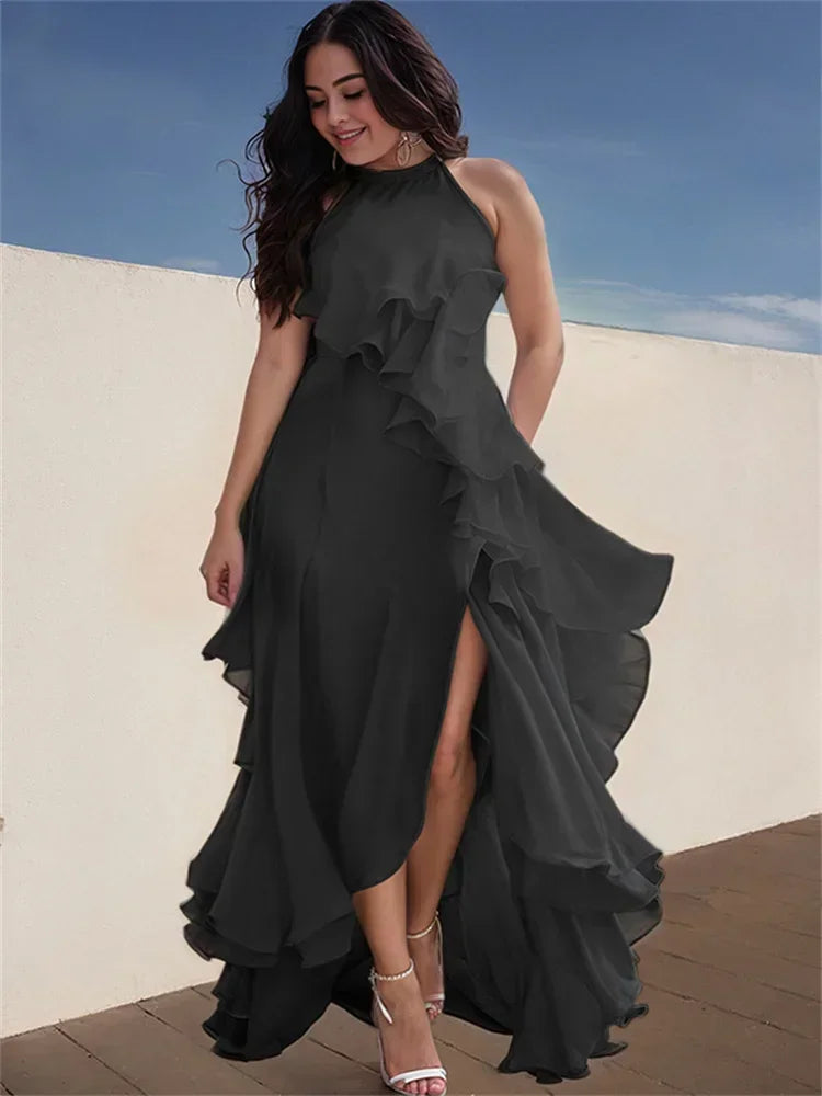 Lemongor Wedding Bridesmaid White Dress 2025 New Sleeveless Layered Ruffled Solid Color Split-Side Elegant Party Evening Dresses