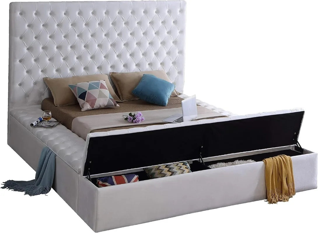 Bliss Collection Modernes Polsterbett aus Samt mit tiefer Knopfheftung und Staufächern, Weiß, Queen