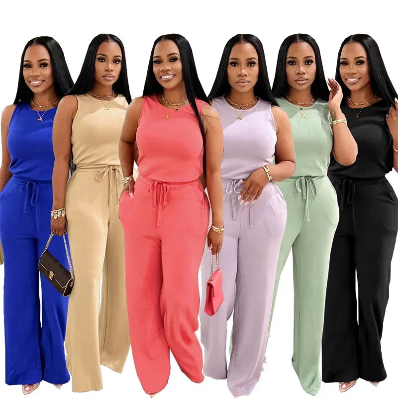 Solid Casual Jumpsuit for Women Sleeveless Drawstring High Waist One Pieces Rompers and Jumpsuits Summer Outfits Combinaison