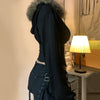 BIIKPIIK Pelzkragen Kapuzenmäntel für Damen Lässiger Reißverschluss Slim Hoodies Einfache All-match Schwarz Harajuku Mantel Herbst Winter Sweatshirts