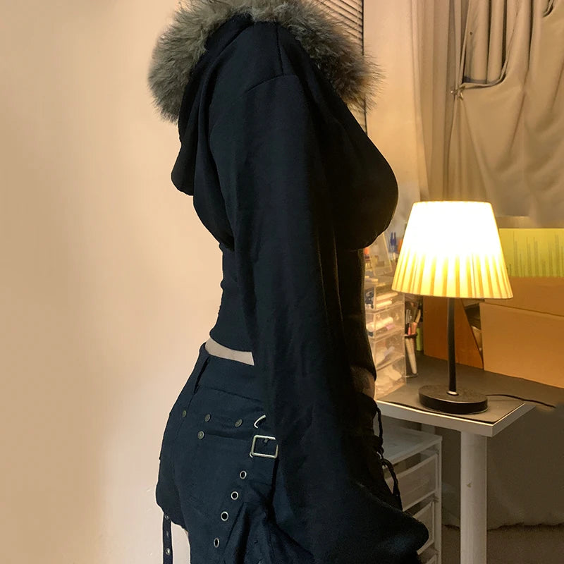 BIIKPIIK Pelzkragen Kapuzenmäntel für Damen Lässiger Reißverschluss Slim Hoodies Einfache All-match Schwarz Harajuku Mantel Herbst Winter Sweatshirts