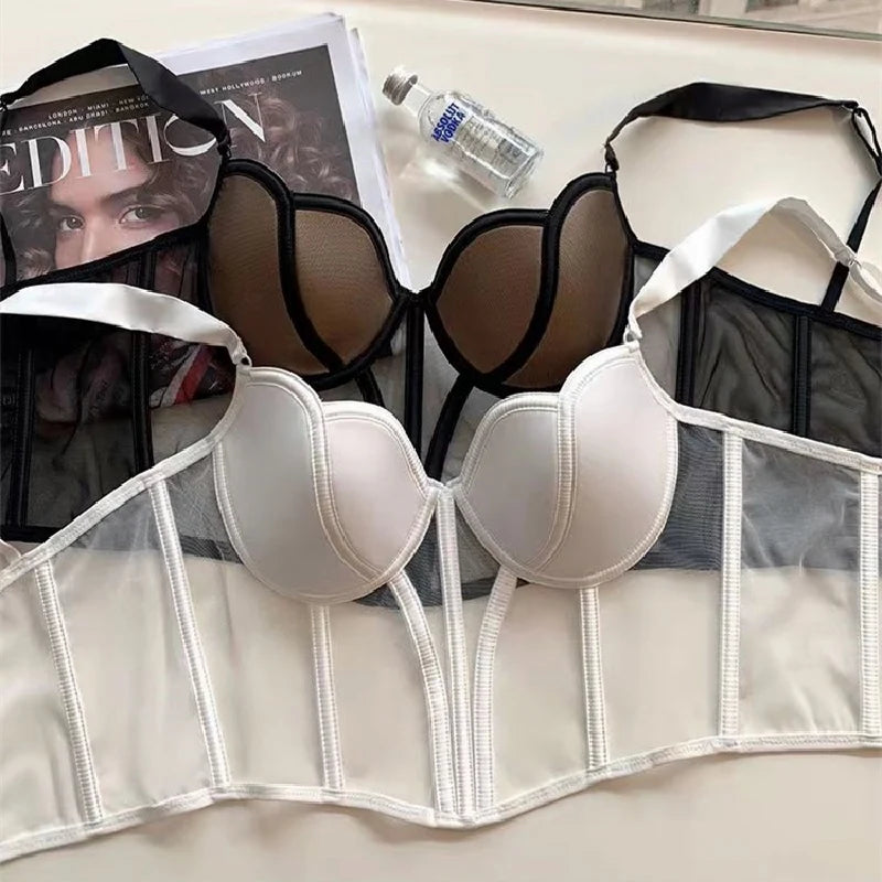 French Ladies Transparent Mesh Corset Sexy Shaper Thin Bra Set Night Club Sweet Cropped Top Girls Hot Bra and Panties Bralette