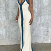 Sexy V-neck Contrast Color Off-shoulder Sleeveless Striped Wide Sling Split Hem Long Dress Temperament Party Club Casual Clothes