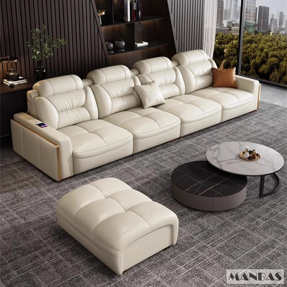 Premium italienische Echtleder-Ecksofas Sofagarnituren mit USB und Bluetooth Lautsprecher – MANBAS Wohnzimmermöbel
