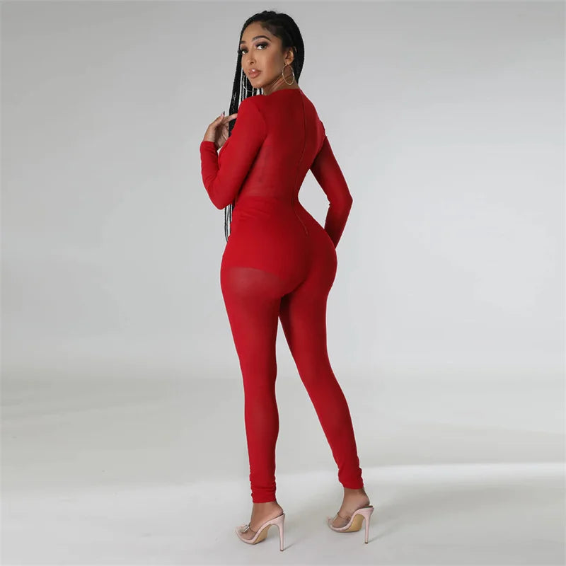 Sexy Mesh Patchwork Transparenter Club-Bodycon-Jumpsuit für Damen, durchsichtiger Einteiler-Overall, Clubwear, Party-, Geburtstagsoutfits