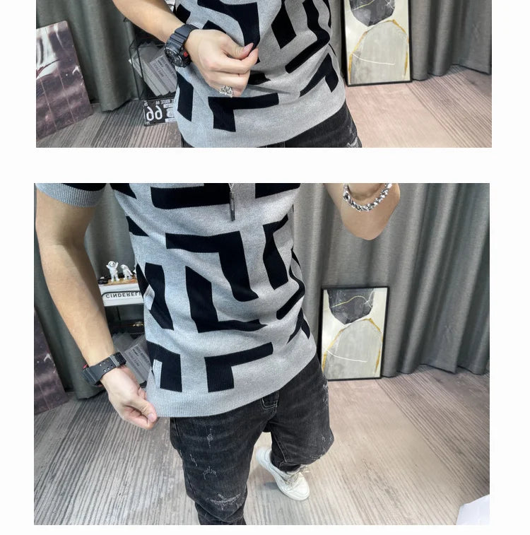 Luxury Men Autumn Knitted Tshirt 2024 Korean O-neck Short Sleeve Top Tees Streetwear Male Social Club Slim Fit Casual T-Shirt