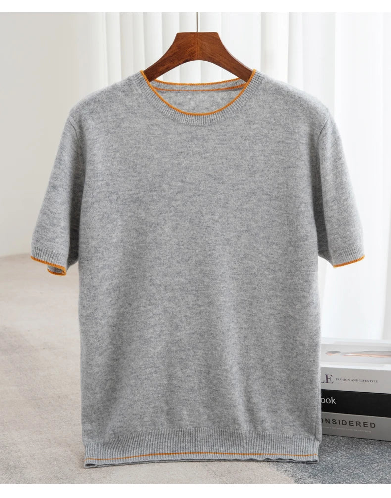 Men's T-shirt 2024 Summer New Knitted Tank Top Fashion Color Block Round Neck Pullover Sweater 100% Pure Wool Short sleeved