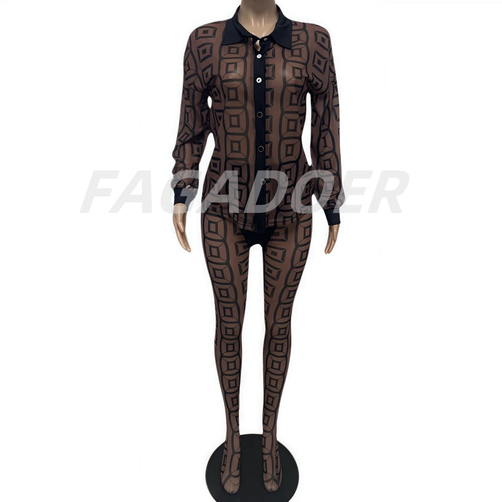 FAGADOER Sexy Mesh Damen 2-teiliges Set Outfit Durchsichtiges Langarm Crop Top + Skinny Hose Anzüge Weibliche Streetwear Kleidung Neu