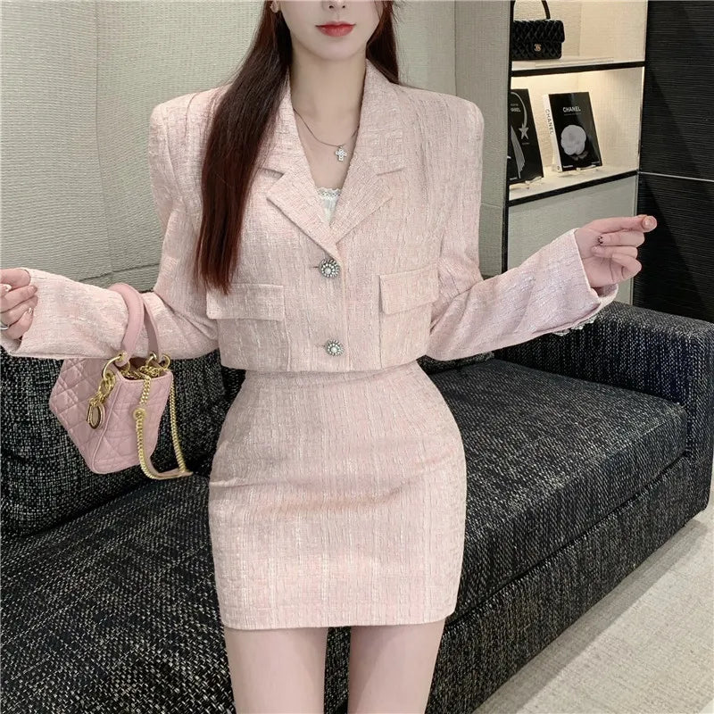 Elegant Fashion Pink Tweed Suit Women's Autumn 2023 Y2k High Quality Blazer Coat+Bag Hip Skirt Commuting Two-Piece Set