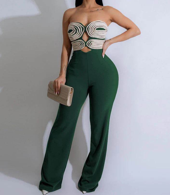 Damen-Jumpsuit 2025 Sommer Neu Temperament Modisch Sexy Ärmellos Gewebtes Band Trägerlos Rückenfrei Party Gerader Jumpsuit