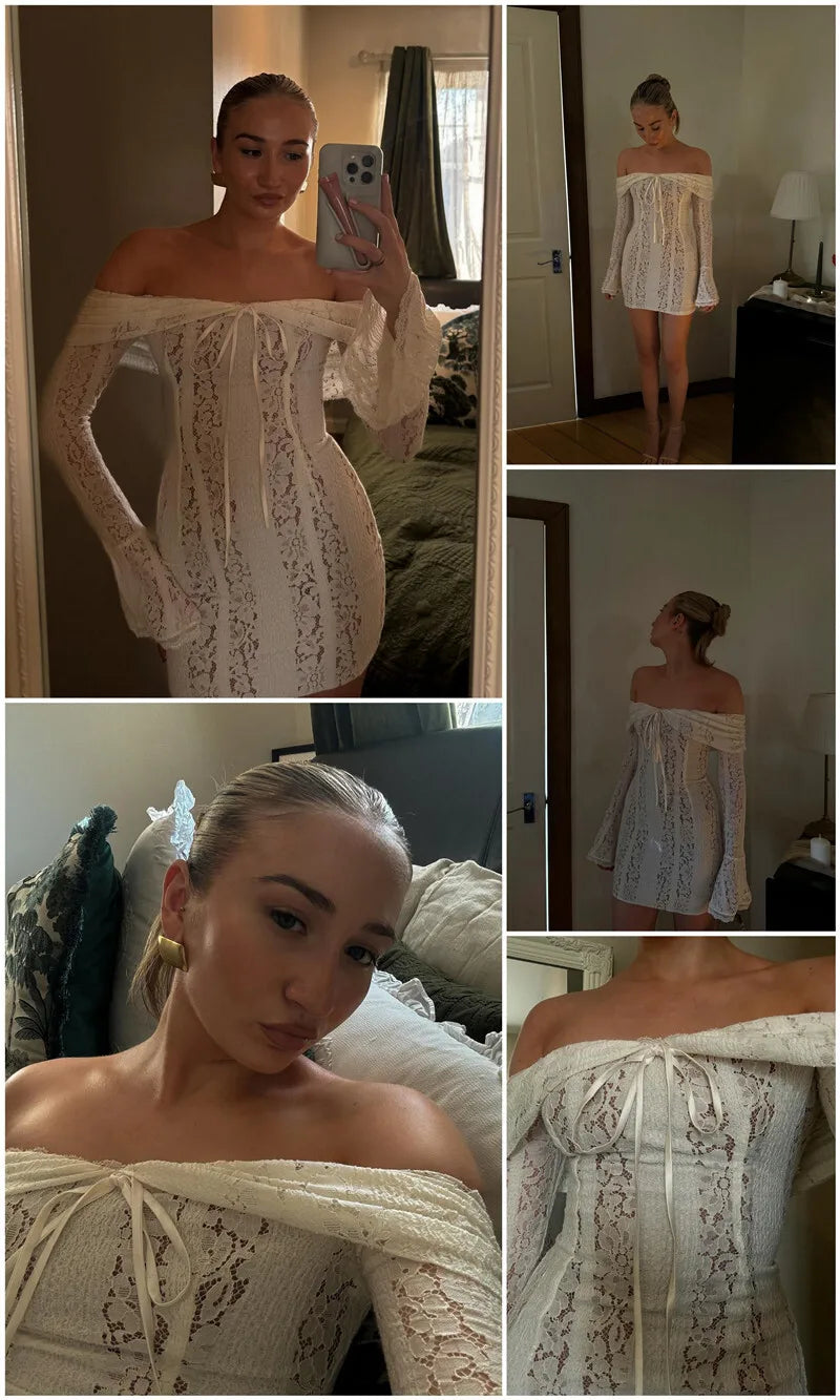 Mozision Blumen-Spitzen-Off-Shoulder Maxikleid für Damen, weiß, trägerlos, rückenfrei, langärmlig, Bodycon, Club, Party, sexy langes Kleid