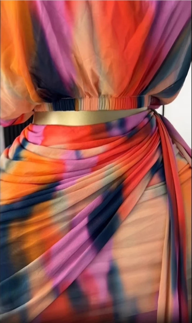 New Fashion Women 2 Piece Sets Tie Dye Printed Women's Set Ruched Short Sleeve Crop Tops and Stacked Mini Skirts Set Outfit