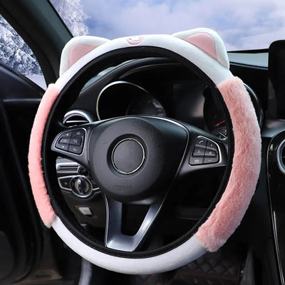 Niedliche Cartoon Plüsch Katze Warmer Auto Lenkradbezug ohne Innenring Auto-Zubehör Passend für 14,5-15 Zoll