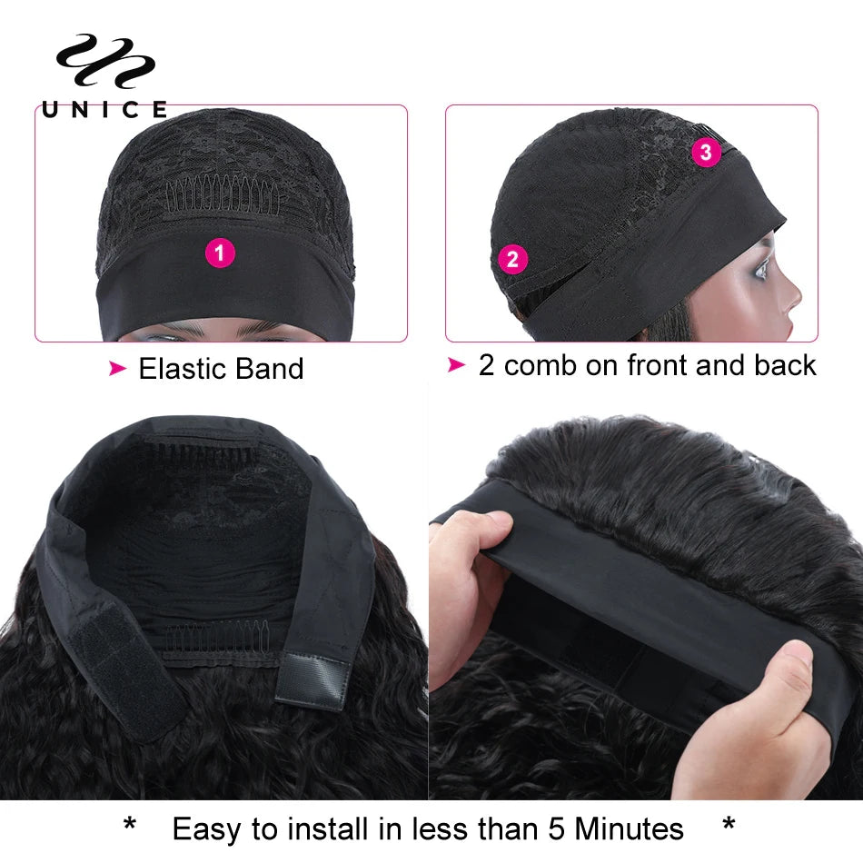 Unice Hair Headband Wig Human Hair Headband Scarf Wig Water Wave Human Hair Wigs for Women No Glue No Sew In Beginner Friendly