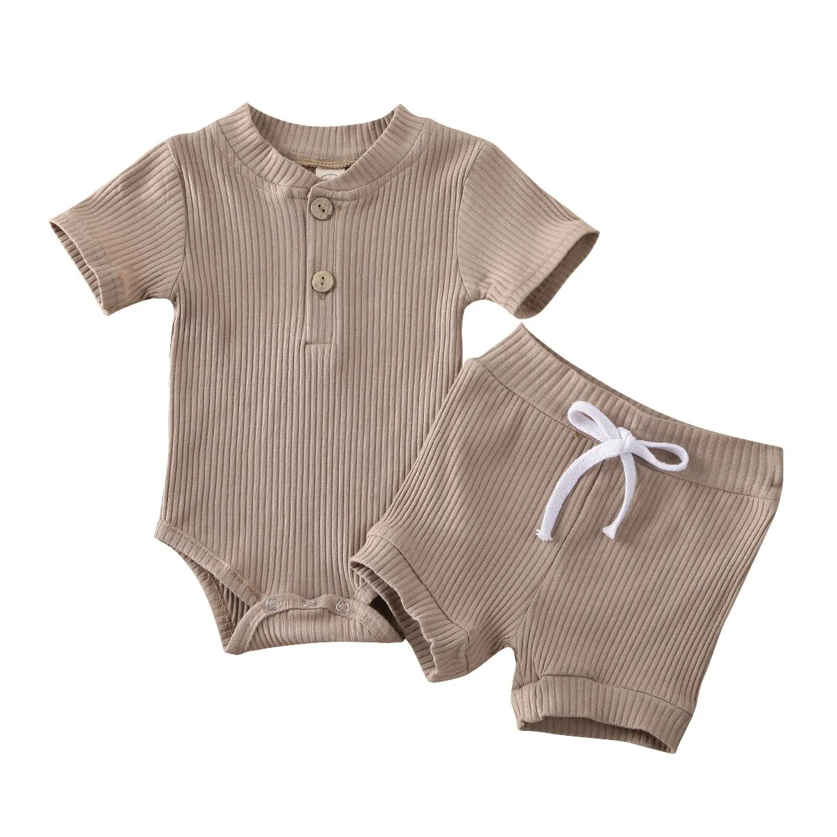 2Pcs Unisex Baby Summer Outfits Suit Solid Color Ribbed Casual Short Sleeves Romper+Elastic Waist Shorts for Toddler Infant
