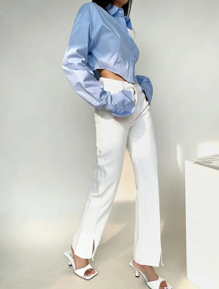 Zadily 2025 Summer Korean Style Long Sleeve White Shirt Women Sexy Button Ladies Crop Tops Blouse Street New In Female Clothing