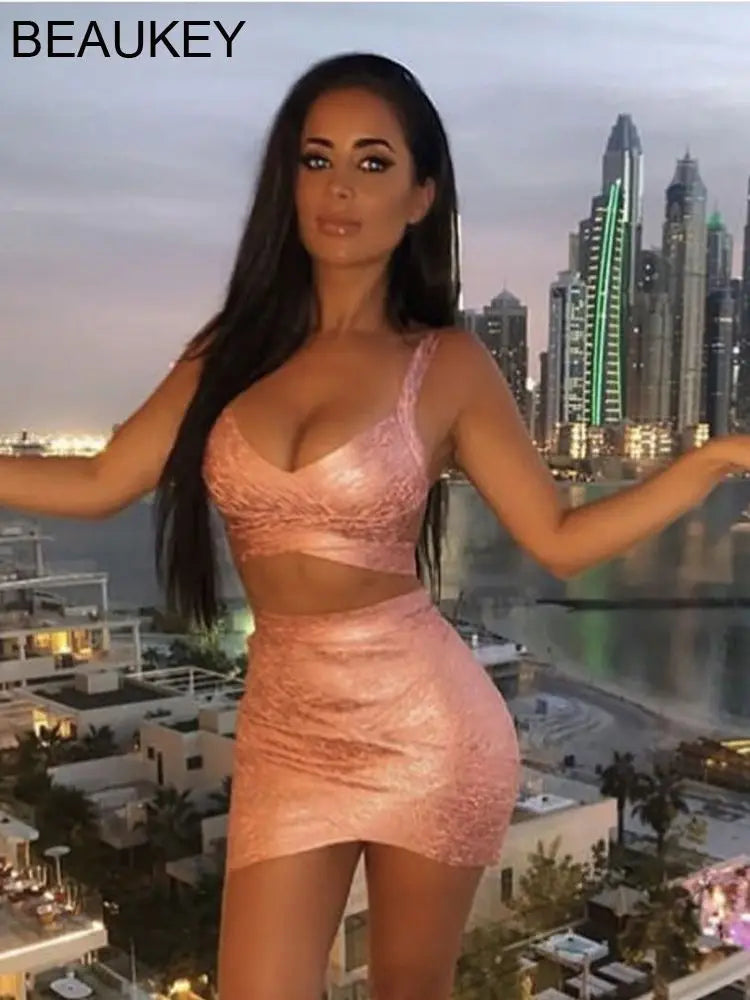 BEAUKEY Qualität 2-teiliges Set glänzendes Metallic Roségold Bodycon Top & Rock Neues Mini Kurzes Sexy Party Nachtclub Set