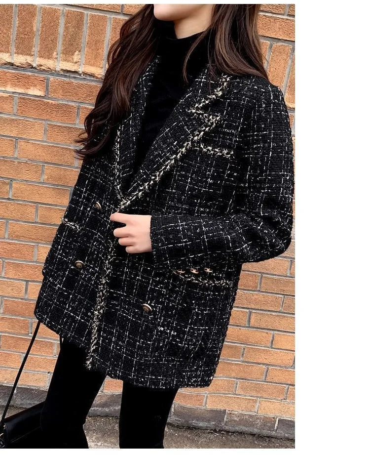 Tweed-Karo Anzugjacke Damen Oberbekleidung Lockerer Mittellanger Zweireihiger Freizeit-Wollblazer Top 2024 Frühling Herbst Neuer Schicker Anzug