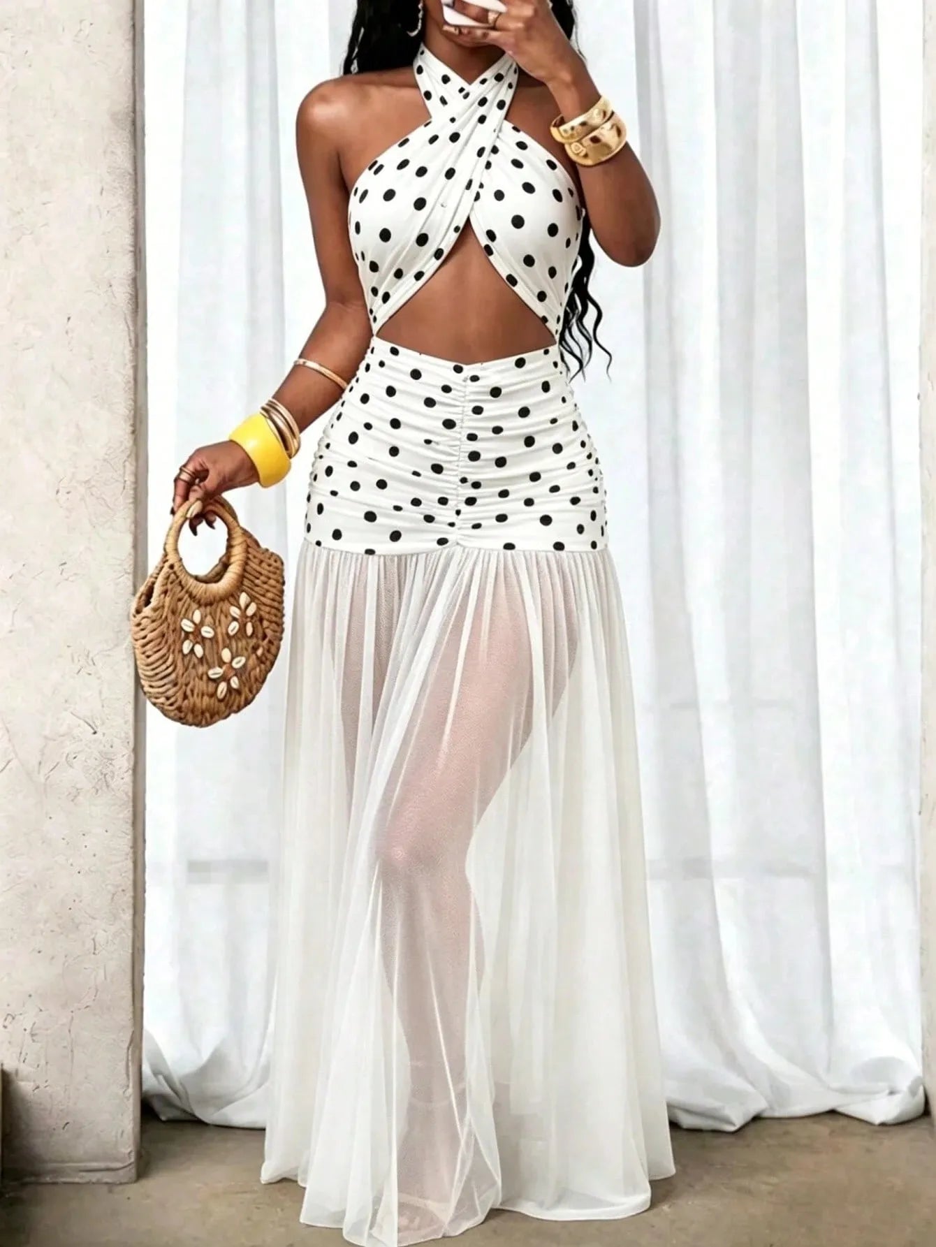 Sexy Polka Dot See through Beach Dress with Neck Hanging Long Polyester Blend Fabric Swimwear Cover up Irregular Hemline