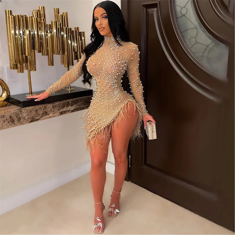 Sexy Perlen Strass Partykleider Damen Eleganz Nachtclub Feder Geburtstagskleid Langarm Mesh Sheer Bodycon Minikleid
