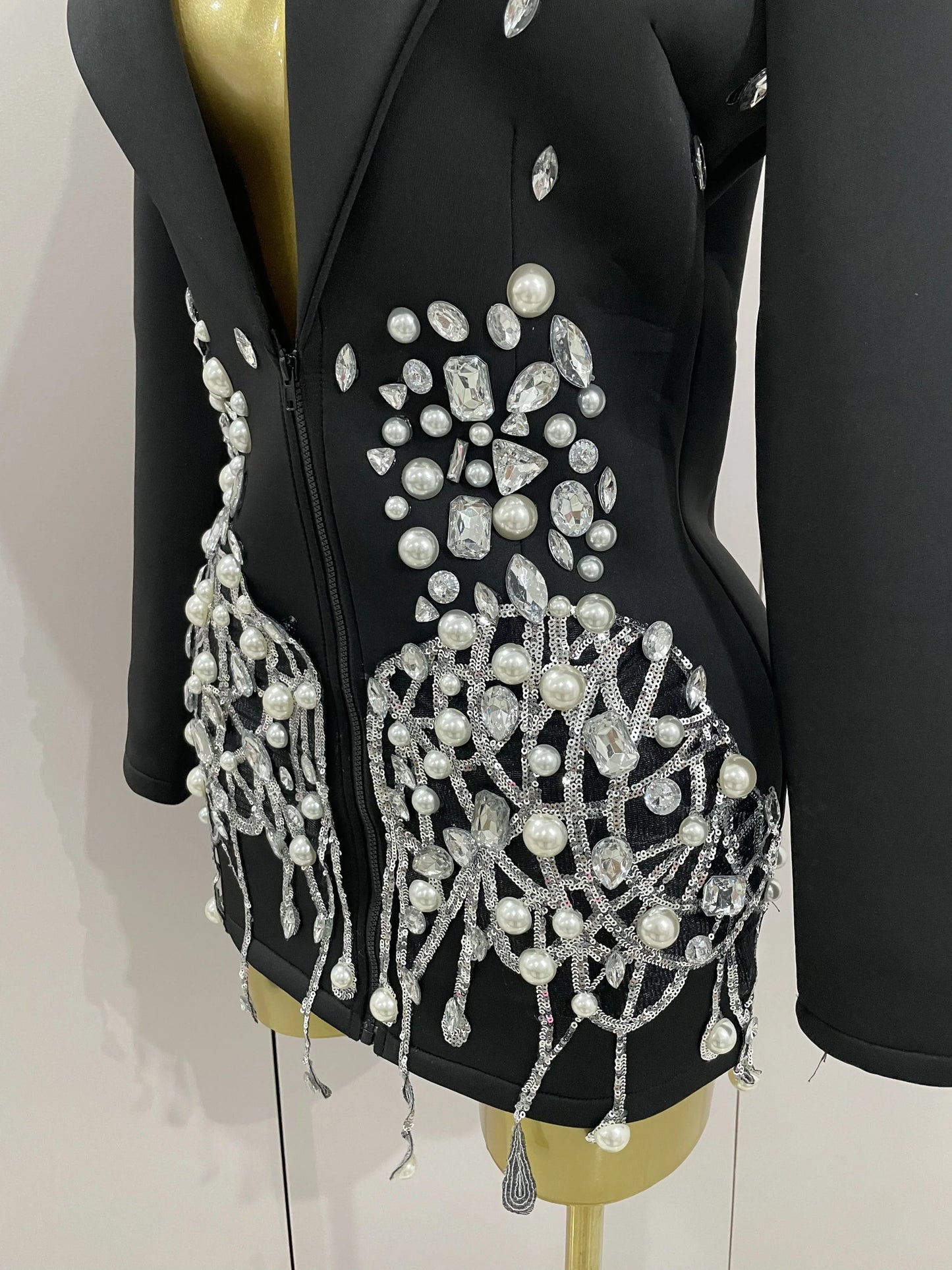 Glitzernde Kristallketten Perlen Langarm Minikleid 2025 Damen Geburtstag Abendparty Nachtclub Outfit Sängerin Hochzeitskostüm