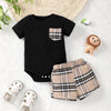 2pcs Baby Boys Casual Pocket Patched Short Sleeve Onesie & Plaid Shorts Set Clothes