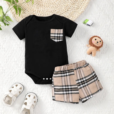 2pcs Baby Boys Casual Pocket Patched Short Sleeve Onesie & Plaid Shorts Set Clothes