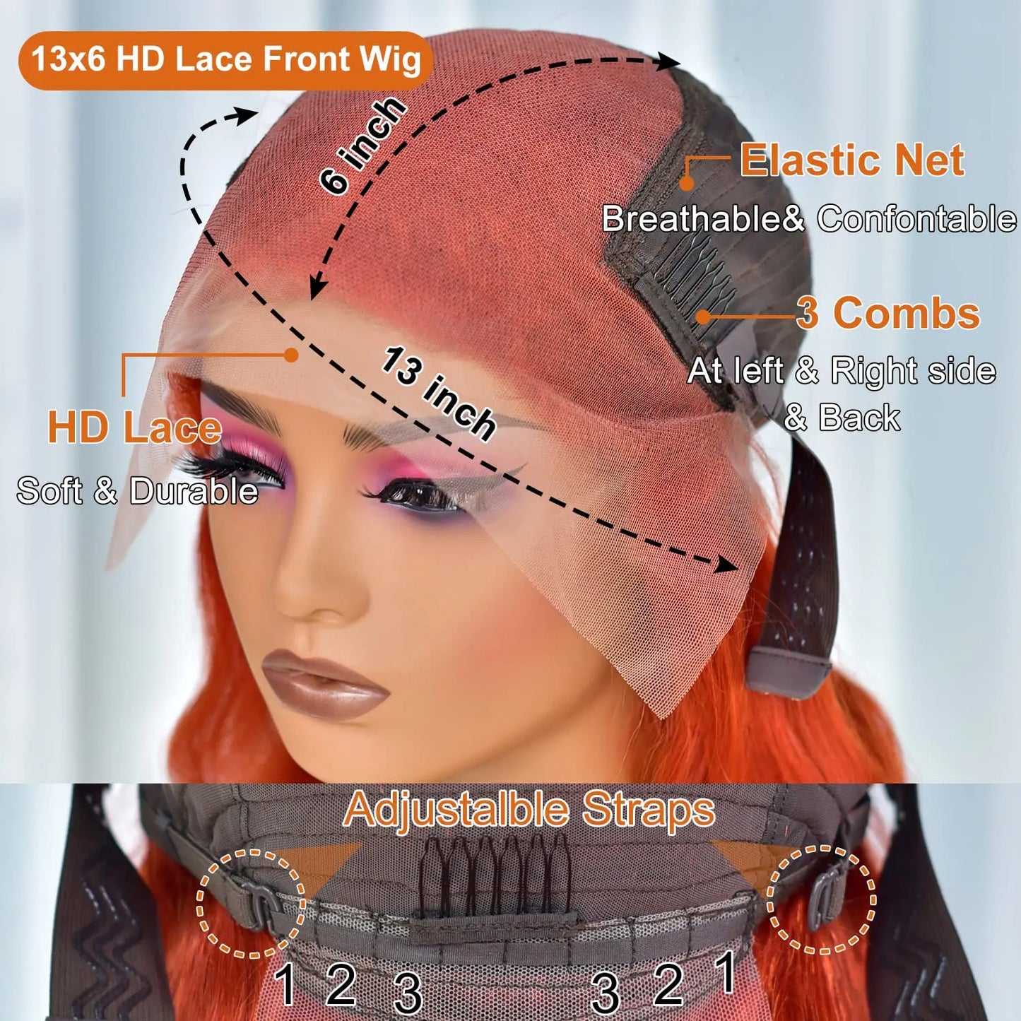 Swupod 13x4 13x6 220% Density Transparent HD Lace Front Wig for Women Deep Wave Remy Human Hair Ginger Orange 350# Loose Curly