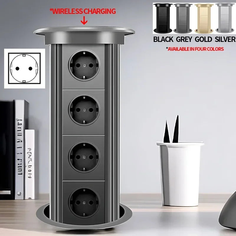 Motorized Lifting Pop Up Tower Power Outlet Hidden Mounted Kitchen Worktop USB Type C Socket with Speaker Wireless Charging