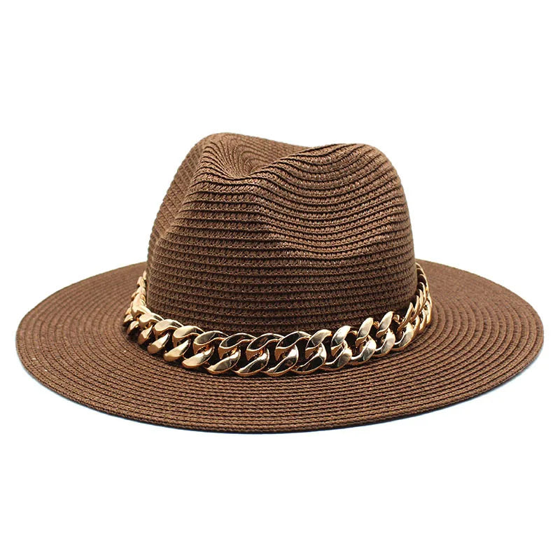 Set Straw Hat and Bag Set Gold Chain Bag Hat Set Ladies Leather Bag Tote Church Fedora Party Jazz Straw Hat