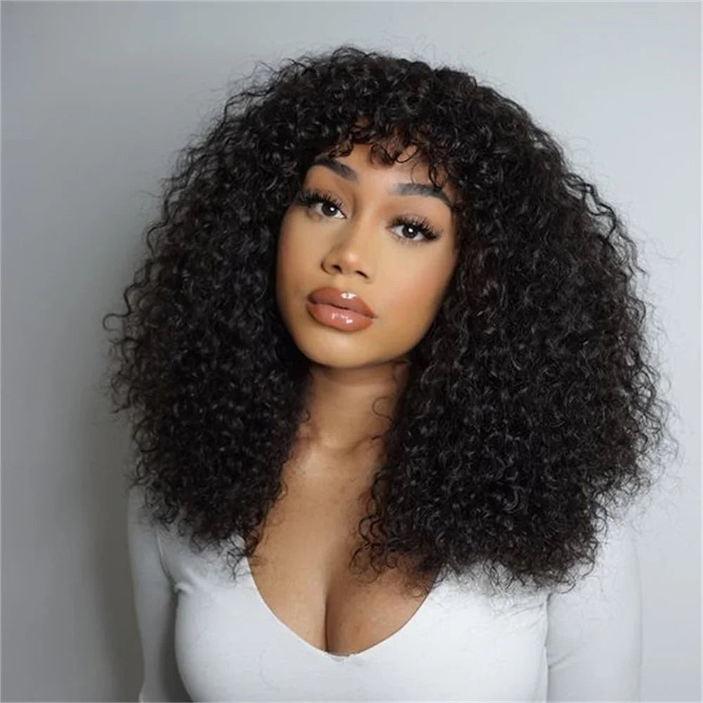 Kinky Curly Short Bob Wig mit Pony Echthaar Glatt Pony Bob Perücke Klebstofflose Minimalistische 2x1 Lace Scalp Bob Pony Perücke für Frauen