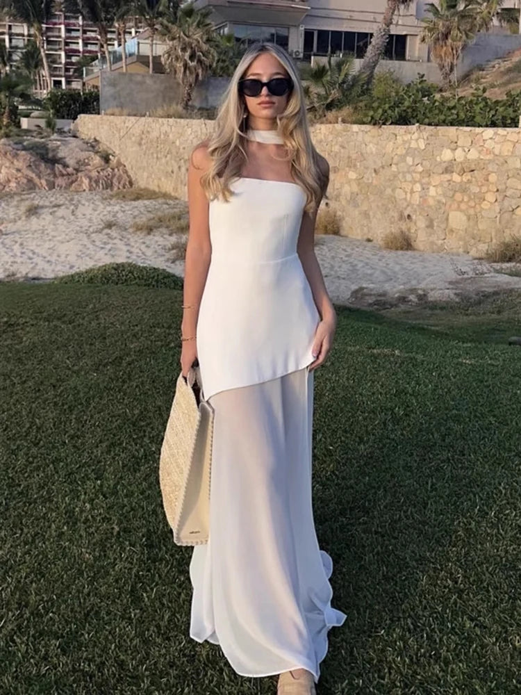 TARUXY Mode Trägerloses Kleid mit Band Frauen Elegantes Ärmelloses Mesh Strand Urlaub Langes Kleid Frühling 2025 Neues Damenkleid