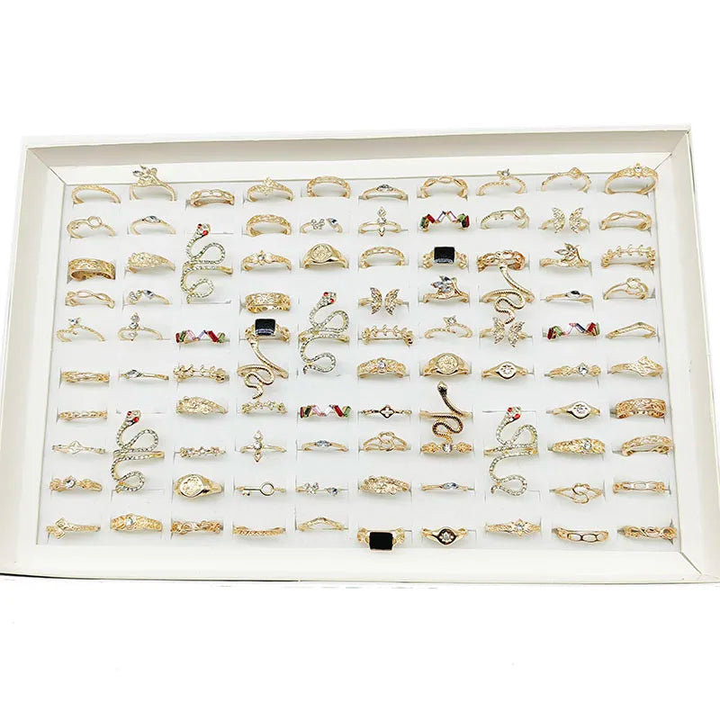30pcs/Lot Wholesale New Mix Style Big Snake Finger Rings For Women Black Enamel Cutout Butterfly Star Cute Flower Jewelry Gifts