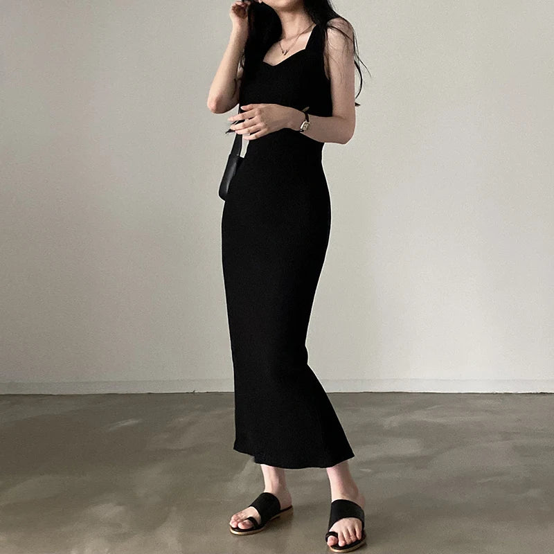 CIBBAR Basic Strick-Maxikleid Koreanische Mode Quadratischer Kragen Ärmellos Damenkleider Sommer Lässig Y2k Vintage All-Match Outfits