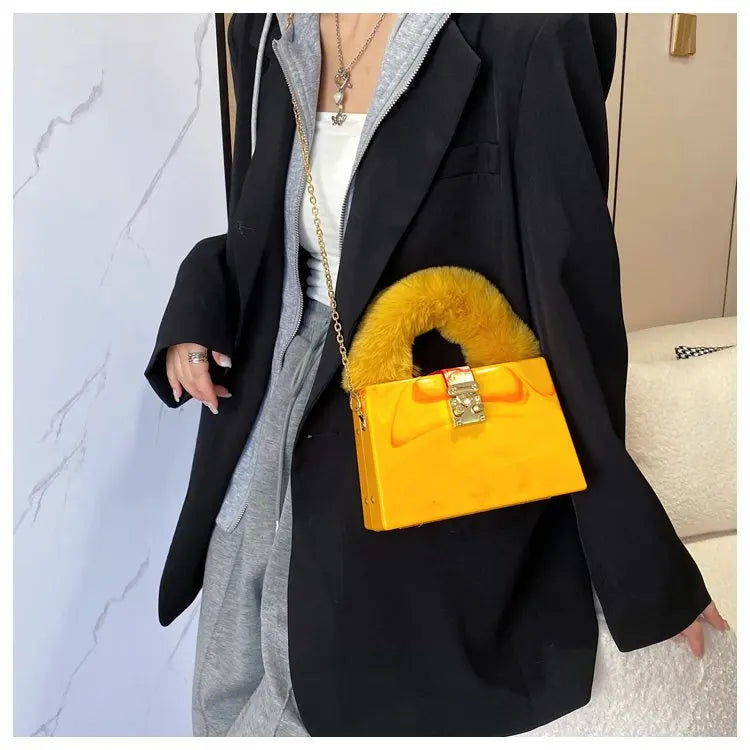 Faux Fur Top Handle Acrylic Party Box Clutch Fashion Purses and Handbags for Women Designer Evening Bag Chain Shoulder Bag