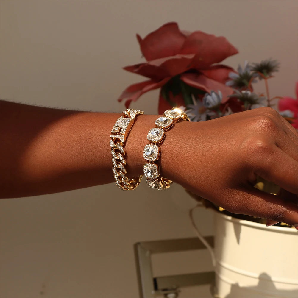 Iced Out Pink Cuban Armband für Frauen Hip Hop Gold Silber Farbe Kristall Herz Kreis Quadrat Armband 4Pcs Set Schmuck Geschenk