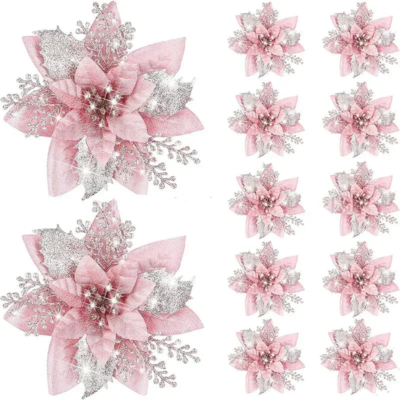 5 Stück 14,5 cm Glitzer künstliche Weihnachtsblumen fröhliche Weihnachtsbaumdekoration Neujahrsornamente gefälschte Blumen Weihnachten Natal