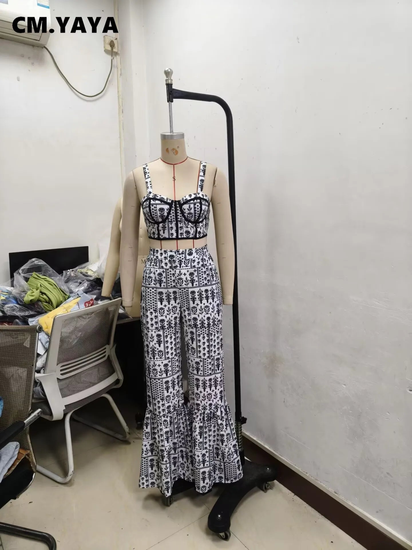 CM.YAYA Women's Set Print Strapless Bra Top and Flare Pants Suits 2025 Summer Street Party Two 2 Piece Sets Outfits Tracksuit