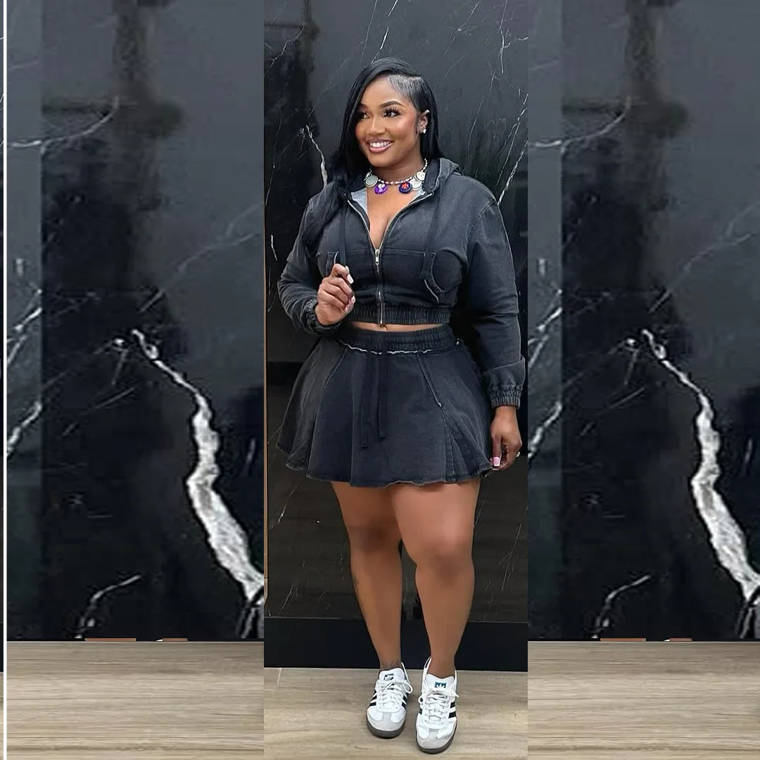 Two Piece Sets Women Denim Skirt Hooded Zipper Tops Short Dress Sets Skirts A Line High Waist Y2k Streetwear Elegant Slim Fit