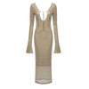 Abendkleid Damen Elegant Pailletten Tiefer V-Ausschnitt Langarm Midikleid Sexy Luxuriös Rückenausschnitt Schnürung Knöchellang Bandage Partykleid
