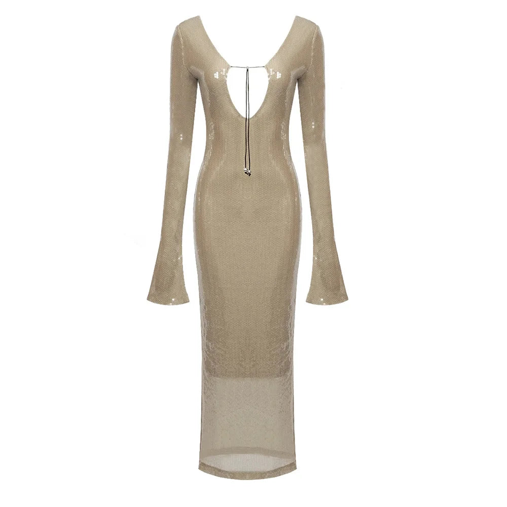 Abendkleid Damen Elegant Pailletten Tiefer V-Ausschnitt Langarm Midikleid Sexy Luxuriös Rückenausschnitt Schnürung Knöchellang Bandage Partykleid